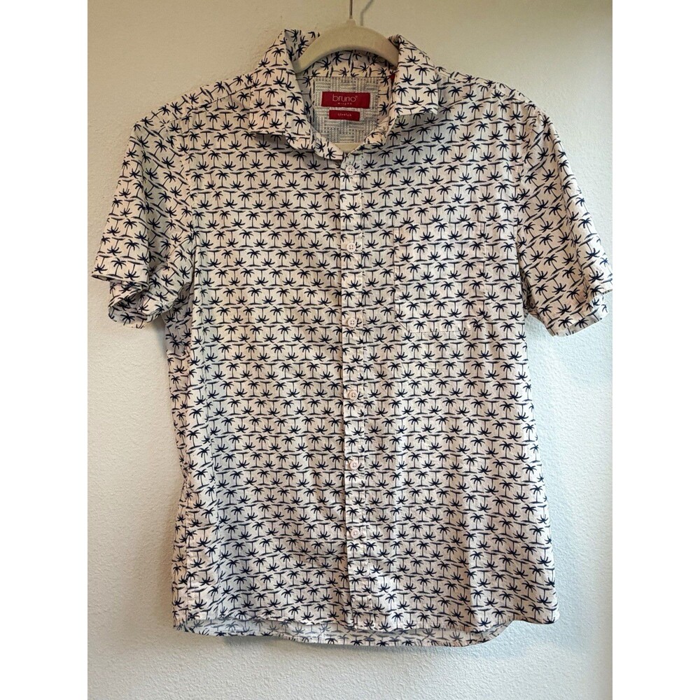 Bruno Milano M Stretch White/Blue Palm Tree Print Short Sleeve Button-Up
